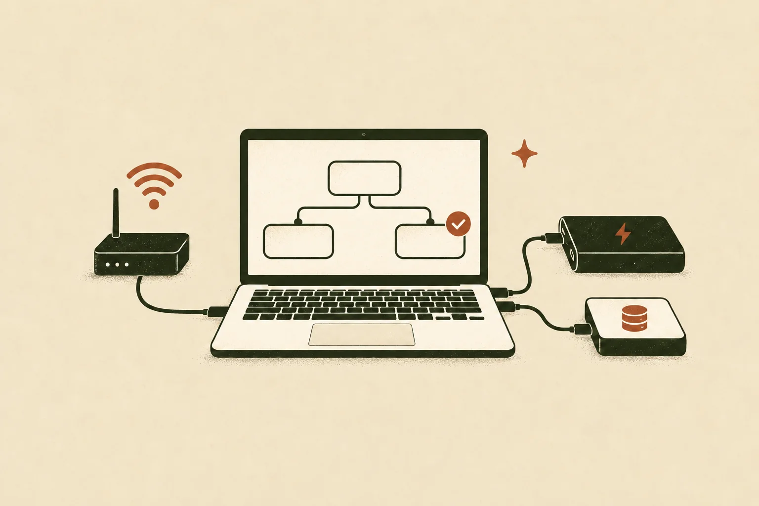 Editorial illustration of a dependable digital nomad workstation with laptop, connectivity, power, security, and backup systems