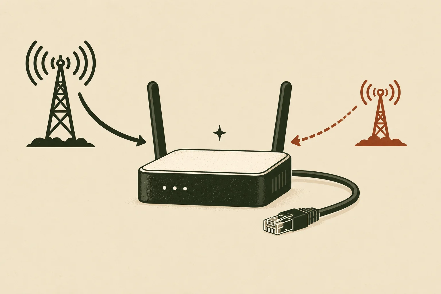 Editorial diagram of a digital nomad internet failover system with primary, backup, and emergency connections