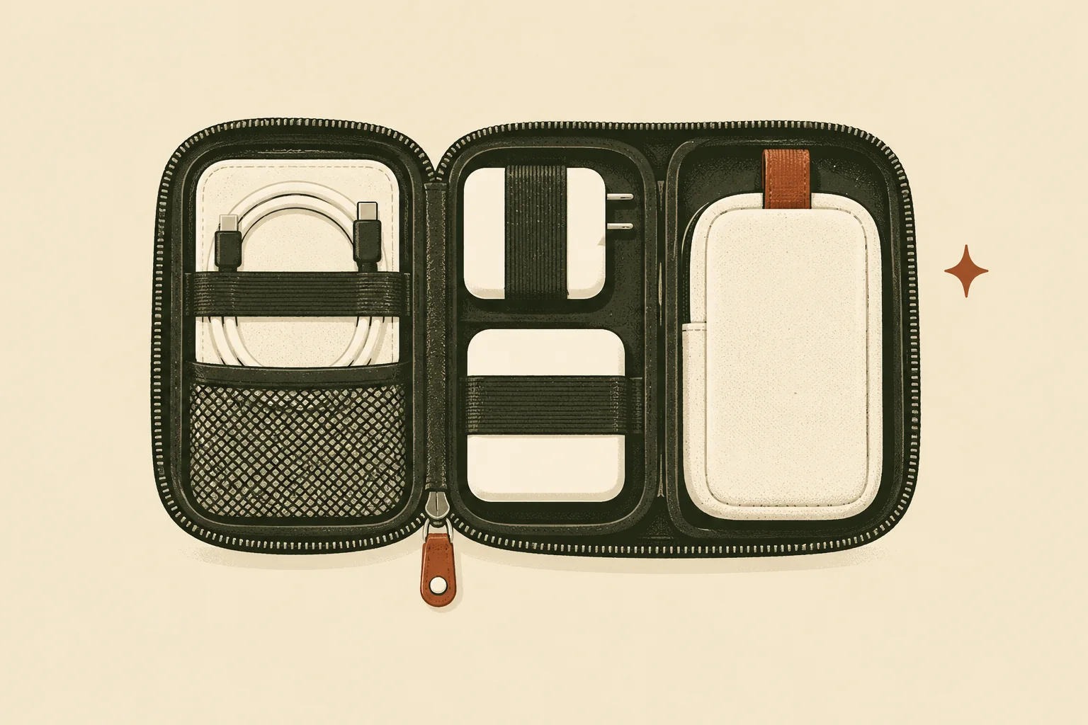 Editorial cutaway showing the core connectivity, power, security, and backup layers of a digital nomad technology stack