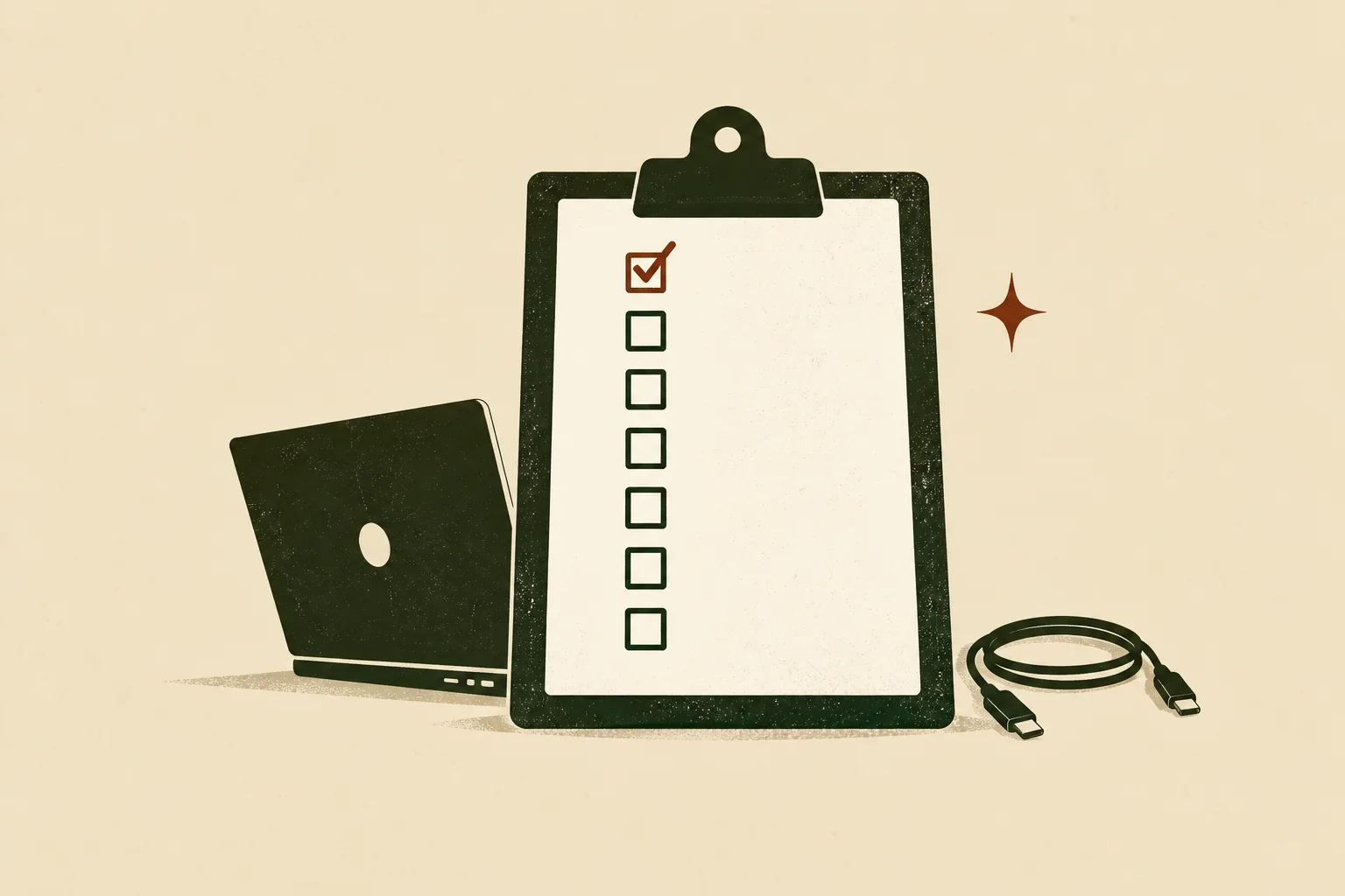 Editorial illustration of a digital nomad readiness checklist covering work, connectivity, security, and backup
