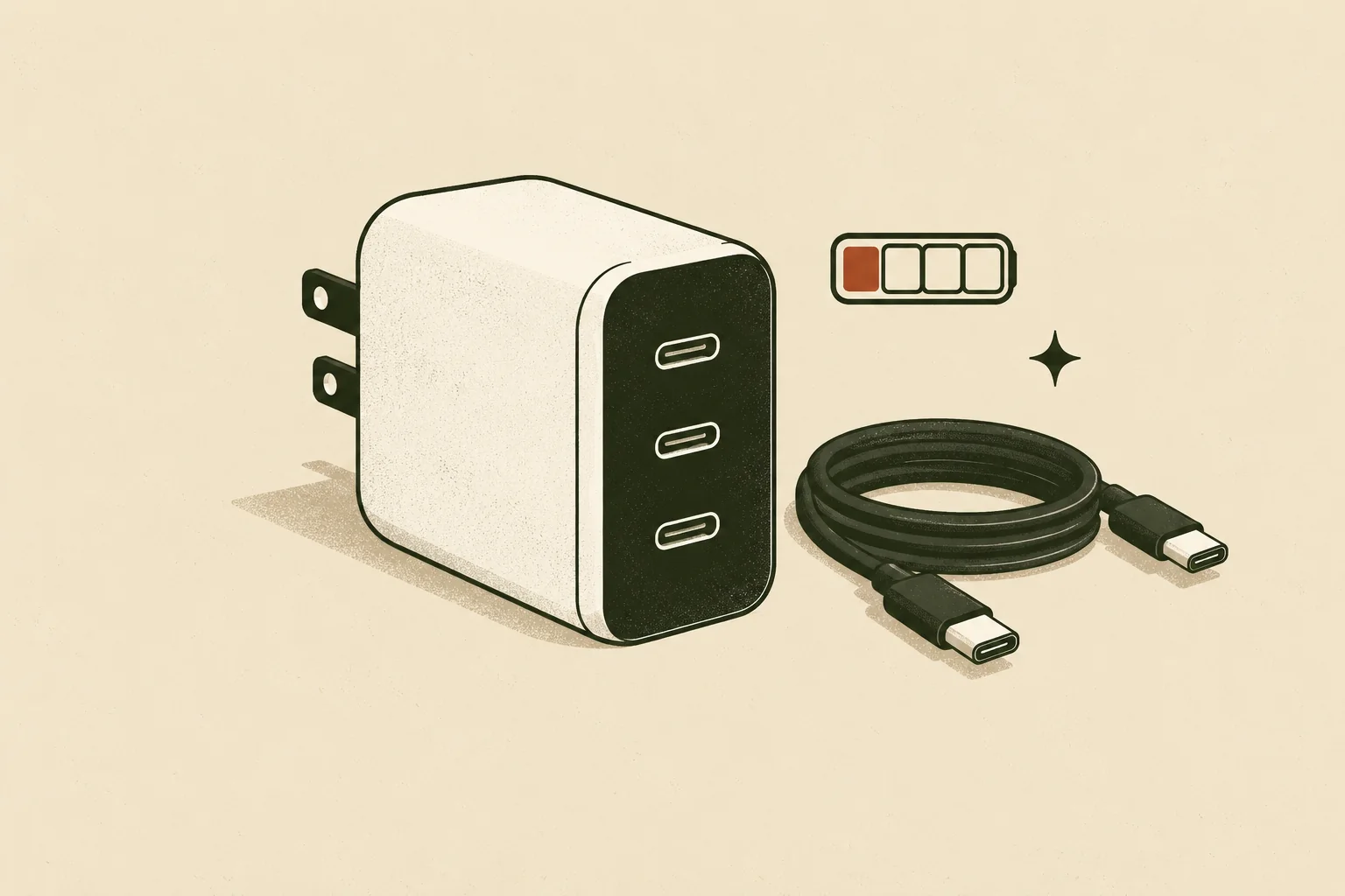 Editorial diagram of a compact USB-C charging system for a laptop, phone, and travel power bank